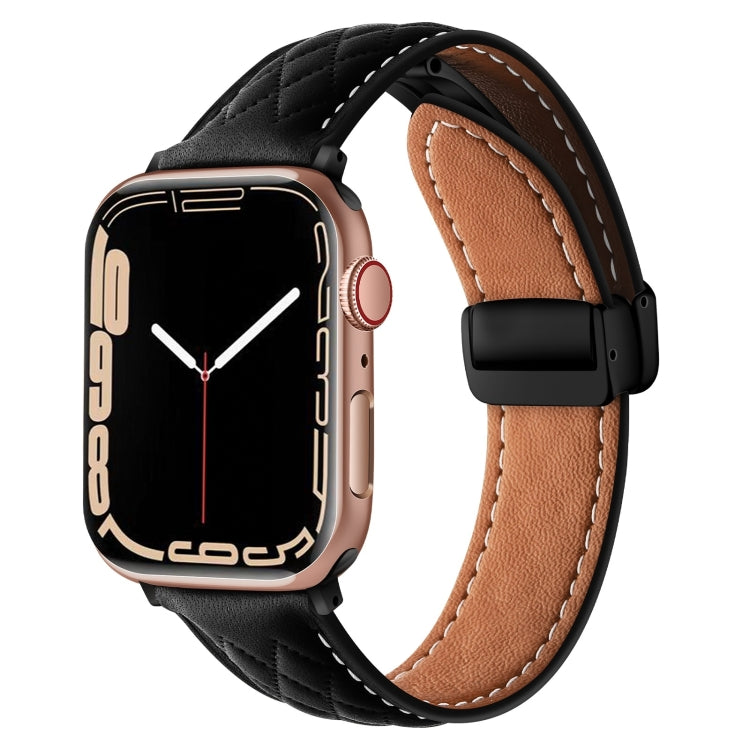 For Apple Watch 9 45mm Folding Buckle Rhombus Leather Watch Band(Black) - Watch Bands by PMC TechLife | Online Shopping South Africa | PMC TechLife
