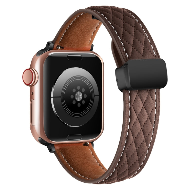 For Apple Watch 9 45mm Folding Buckle Rhombus Leather Watch Band(Coffee) - Watch Bands by PMC TechLife | Online Shopping South Africa | PMC TechLife