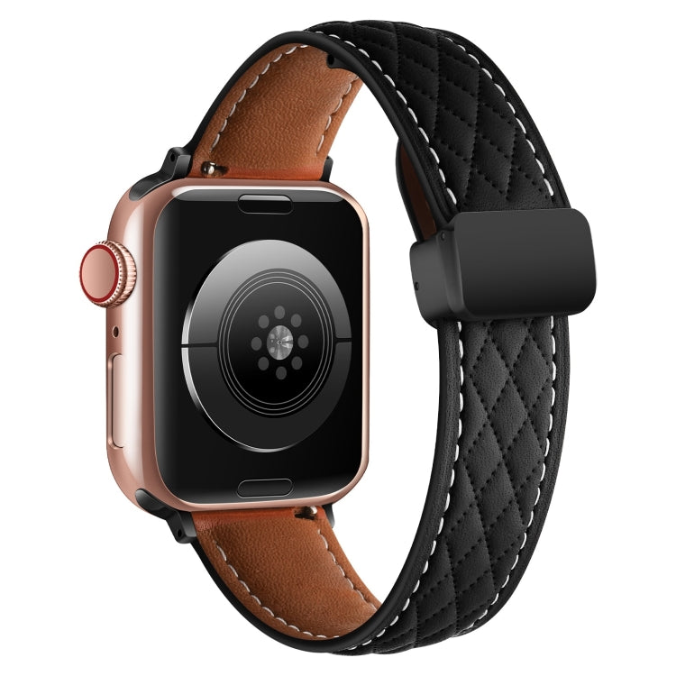 For Apple Watch 9 41mm Folding Buckle Rhombus Leather Watch Band(Black) - Watch Bands by PMC TechLife | Online Shopping South Africa | PMC TechLife