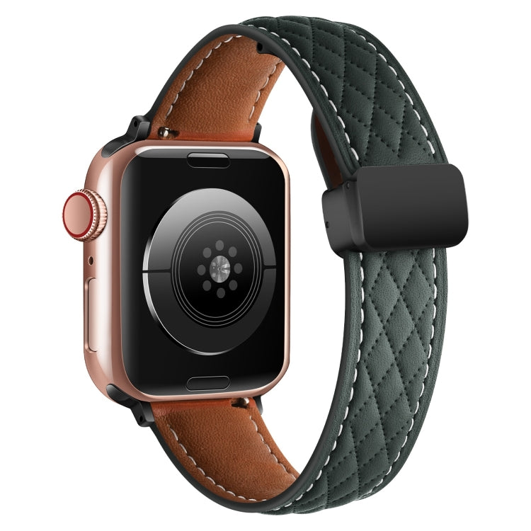 For Apple Watch 9 41mm Folding Buckle Rhombus Leather Watch Band(Green) - Watch Bands by PMC TechLife | Online Shopping South Africa | PMC TechLife
