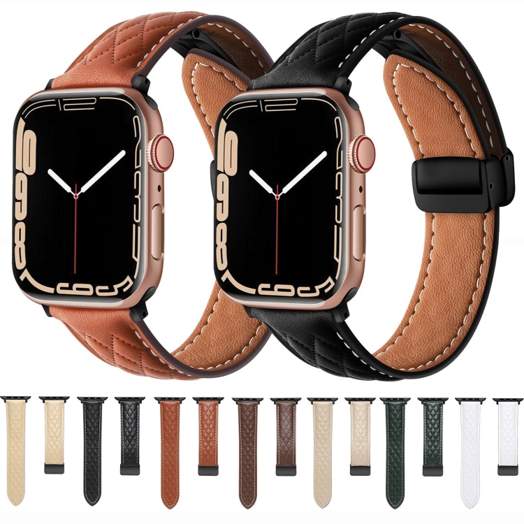 For Apple Watch 9 45mm Folding Buckle Rhombus Leather Watch Band(Coffee) - Watch Bands by PMC TechLife | Online Shopping South Africa | PMC TechLife