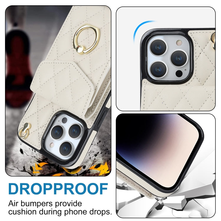For iPhone 15 Plus Rhombic Texture Card Bag Phone Case with Long Lanyard(White) - iPhone 15 Plus Cases by PMC TechLife | Online Shopping South Africa | PMC TechLife | Buy Now Pay Later Mobicred