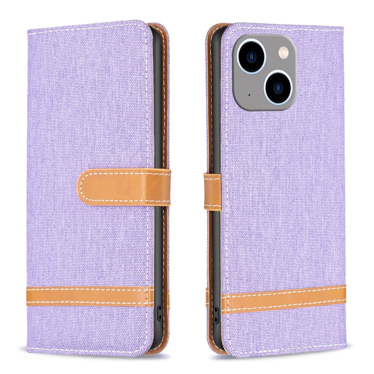 For iPhone 15 Plus Color Block Denim Texture Leather Phone Case(Purple) - iPhone 15 Plus Cases by PMC Jewellery | Online Shopping South Africa | PMC Jewellery