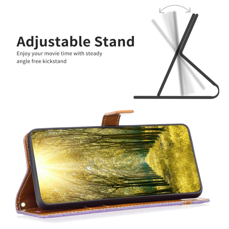 For iPhone 15 Color Block Denim Texture Leather Phone Case(Purple) - free shipping - PMC TechLife - Order now!