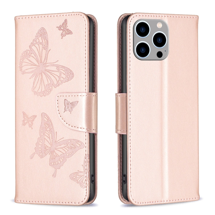 For iPhone 15 Pro Max Embossing Two Butterflies Pattern Leather Phone Case(Rose Gold) - free shipping - PMC TechLife - Order now!