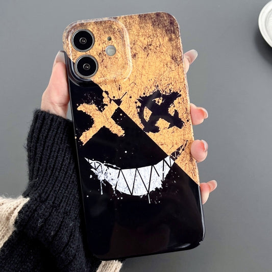 For iPhone 12 Painted Pattern Precise Hole PC Phone Case(Black Yellow Smiling) - iPhone 12 / 12 Pro Cases by PMC Jewellery | Online Shopping South Africa | PMC Jewellery