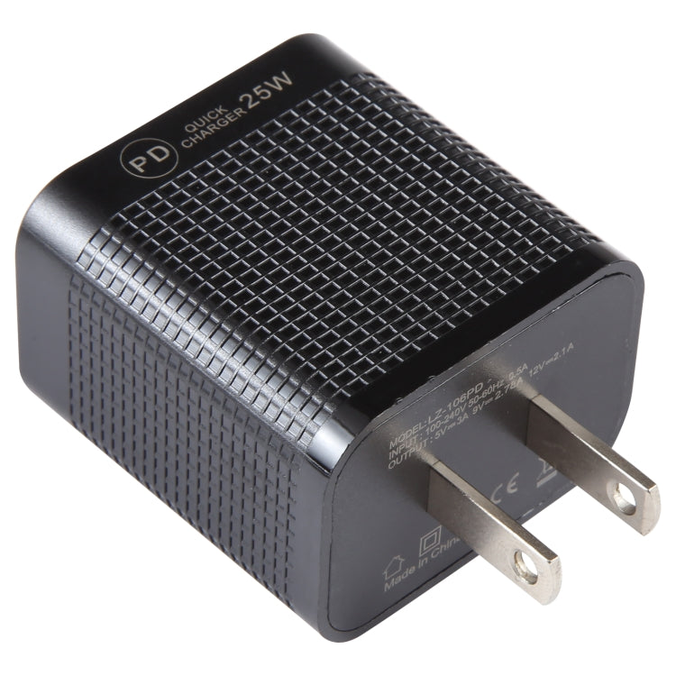 LZ-106PD 25W USB-C / Type-C Ports Plaid Pattern Travel Charger, US Plug(Black) - USB Charger by PMC Jewellery | Online Shopping South Africa | PMC Jewellery