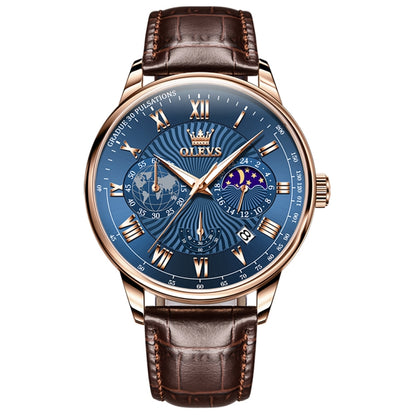 OLEVS 2893 Men Multifunctional Business Quartz Watch(Brown + Blue) - Leather Strap Watches by OLEVS | Online Shopping South Africa | PMC Jewellery