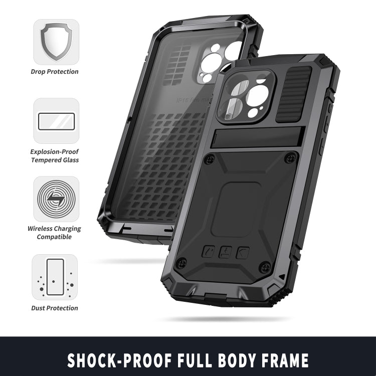For iPhone 15 Pro Max R-JUST Shockproof Life Waterproof Dust-proof Metal + Silicone Phone Case with Holder(Black) - iPhone 15 Pro Max Cases by R-JUST | Online Shopping South Africa | PMC TechLife | Buy Now Pay Later Mobicred