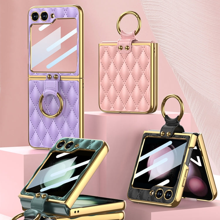 For Samsung Galaxy Z Flip5 GKK Integrated Plating Diamond Texture PU Phone Case with Ring(Green) - Galaxy Z Flip5 Cases by GKK | Online Shopping South Africa | PMC TechLife | Buy Now Pay Later Mobicred