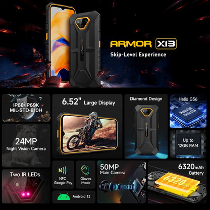 [HK Warehouse] Ulefone Armor X13, 6GB+64GB, IP68/IP69K Rugged Phone, 6.52 inch Android 13 MediaTek Helio G36 Octa Core, Network: 4G, NFC, OTG(Some Orange) - Ulefone by Ulefone | Online Shopping South Africa | PMC Jewellery