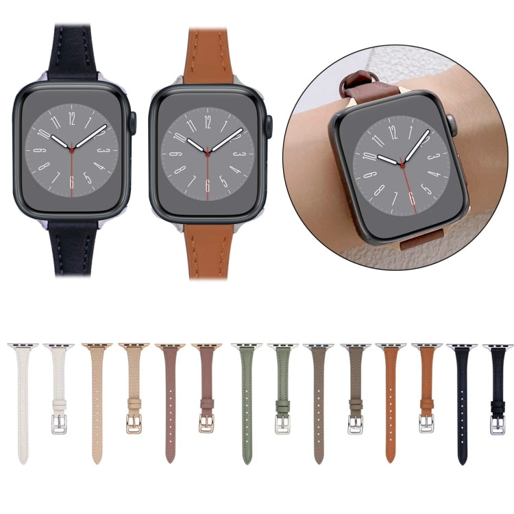For Apple Watch 9 45mm T-shaped Slim Genuine Leather Watch Band(Black) - Watch Bands by PMC TechLife | Online Shopping South Africa | PMC TechLife