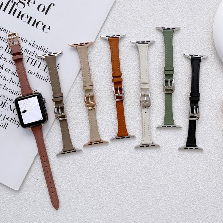 For Apple Watch 9 45mm T-shaped Slim Genuine Leather Watch Band(White) - Watch Bands by PMC TechLife | Online Shopping South Africa | PMC TechLife