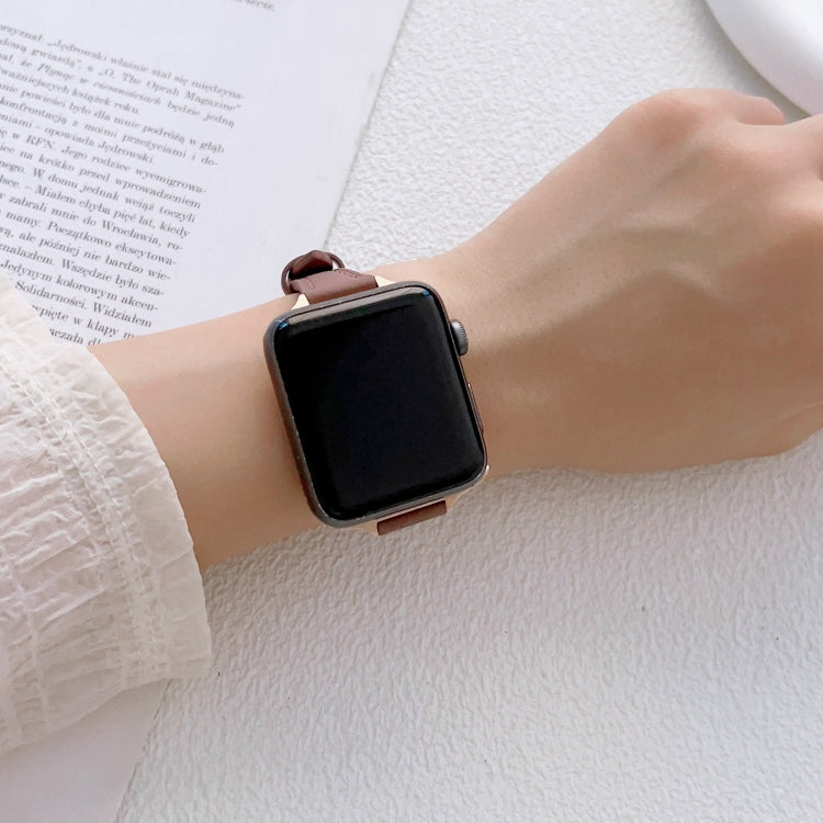 For Apple Watch 9 45mm T-shaped Slim Genuine Leather Watch Band(Light Brown) - Watch Bands by PMC TechLife | Online Shopping South Africa | PMC TechLife