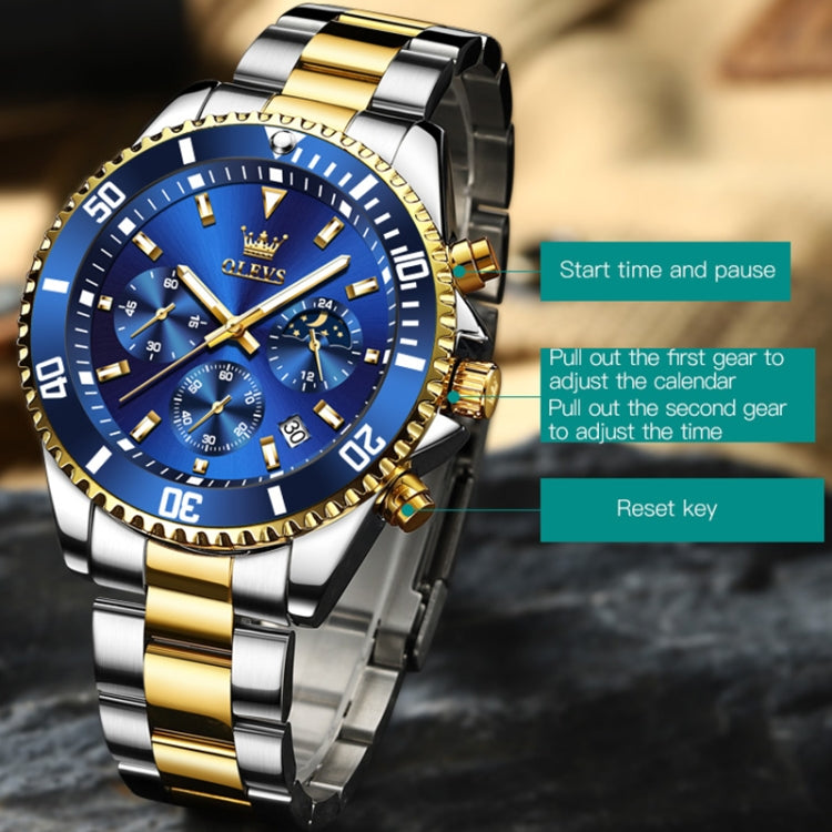 OLEVS 2870 Men Multifunctional Chronograph Three Eyes Waterproof Quartz Watch(Blue + Gold) - Metal Strap Watches by OLEVS | Online Shopping South Africa | PMC Jewellery