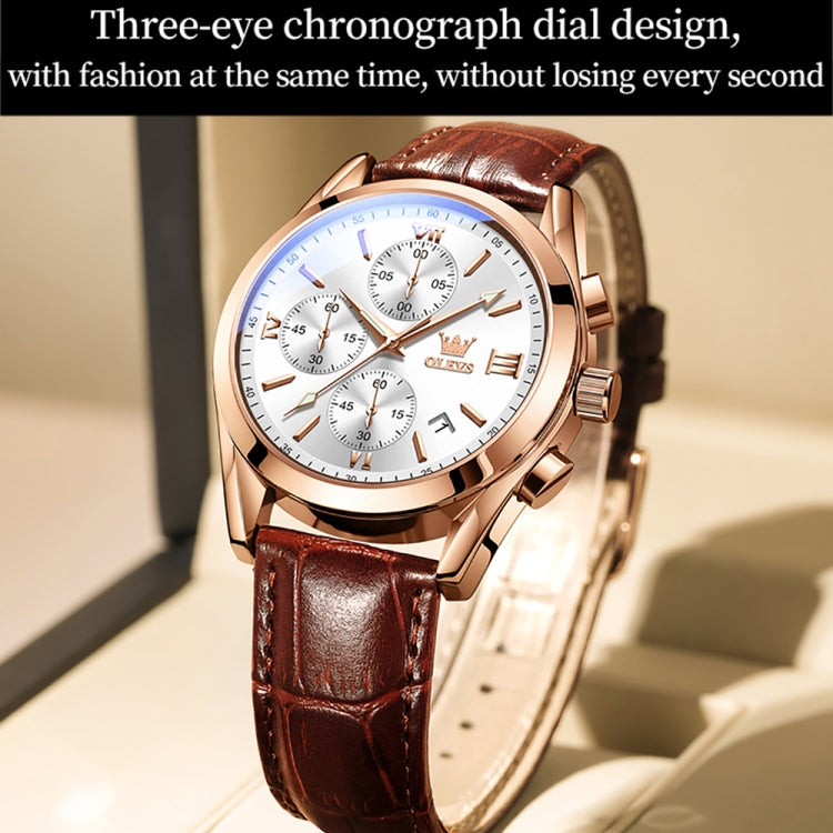 OLEVS 2872 Men Three Eyes Six Needles Chronograph Waterproof Quartz Watch(White + Rose Gold) - Leather Strap Watches by OLEVS | Online Shopping South Africa | PMC Jewellery