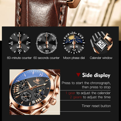 OLEVS 2876 Men Multifunctional Sports Chronograph Quartz Watch(Black + Rose Gold) - Leather Strap Watches by OLEVS | Online Shopping South Africa | PMC Jewellery