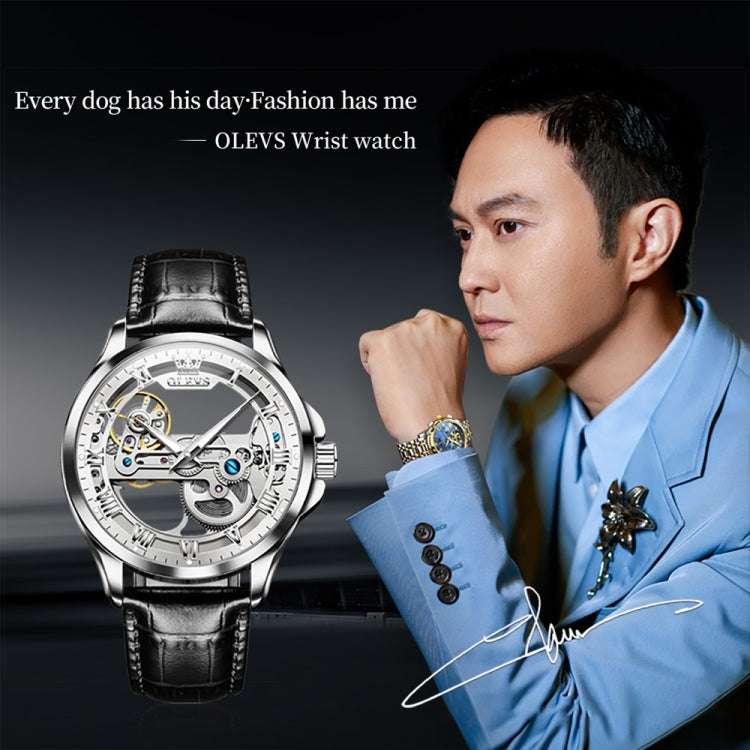 OLEVS 6661 Men Fashion Luminous Waterproof Mechanical Watch(White + Silver) - Leather Strap Watches by OLEVS | Online Shopping South Africa | PMC Jewellery