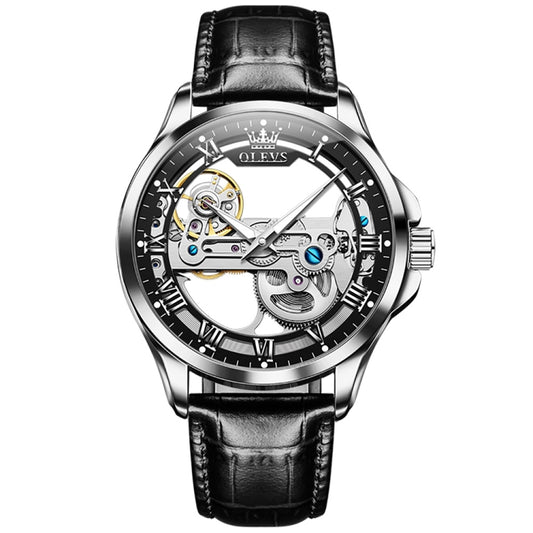 OLEVS 6661 Men Fashion Luminous Waterproof Mechanical Watch(Black + Silver) - Leather Strap Watches by OLEVS | Online Shopping South Africa | PMC Jewellery | Buy Now Pay Later Mobicred