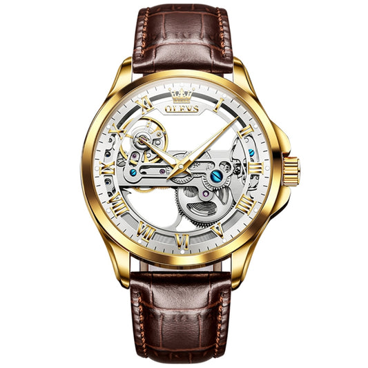 OLEVS 6661 Men Fashion Luminous Waterproof Mechanical Watch(White + Gold) - Leather Strap Watches by OLEVS | Online Shopping South Africa | PMC Jewellery | Buy Now Pay Later Mobicred