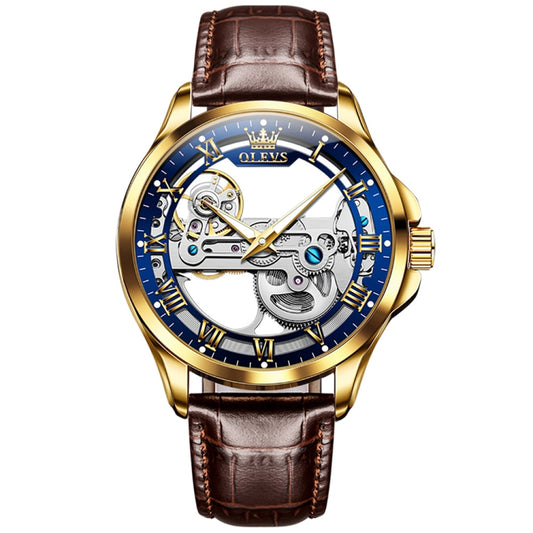 OLEVS 6661 Men Fashion Luminous Waterproof Mechanical Watch(Blue + Gold) - Leather Strap Watches by OLEVS | Online Shopping South Africa | PMC Jewellery | Buy Now Pay Later Mobicred