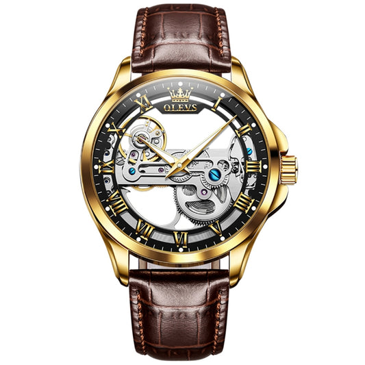 OLEVS 6661 Men Fashion Luminous Waterproof Mechanical Watch(Black + Gold) - Leather Strap Watches by OLEVS | Online Shopping South Africa | PMC Jewellery | Buy Now Pay Later Mobicred