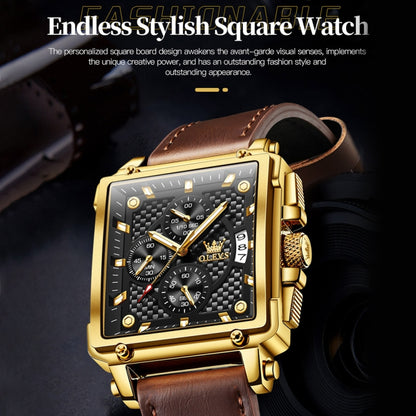 OLEVS 9925 Men Square Dial Multifunctional Waterproof Quartz Watch(Black + Gold) - Leather Strap Watches by OLEVS | Online Shopping South Africa | PMC Jewellery