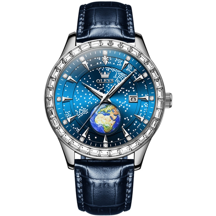 OLEVS 9967 Men Starry Sky Face Diamond Bezel Quartz Watch(Blue Leather Strap) - Leather Strap Watches by OLEVS | Online Shopping South Africa | PMC Jewellery