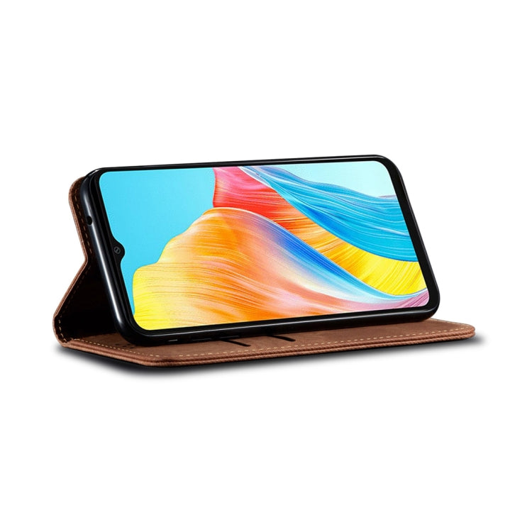 For OPPO A58 4G Denim Texture Casual Style Horizontal Flip Leather Case(Brown) - free shipping - PMC TechLife - Order now!