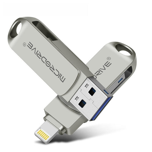 MicroDrive 2 In 1  8 Pin + USB 2.0 Portable Metal USB Flash Disk, Capacity:128GB(Silver) - USB Flash Drives by MICRODRIVE | Online Shopping South Africa | PMC Jewellery | Buy Now Pay Later Mobicred