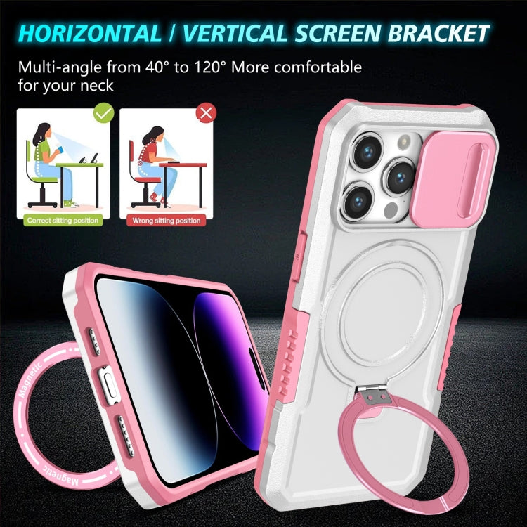For iPhone 14 Pro Max Sliding Camshield MagSafe Holder TPU Hybrid PC Phone Case(Pink White) - free shipping - PMC TechLife - Order now!