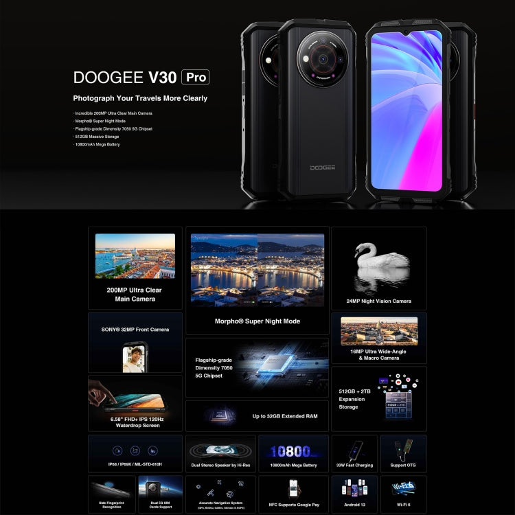 DOOGEE V30 Pro, 12GB+512GB, 200MP Camera, Side Fingerprint, 10800mAh Battery, 6.58 inch Android 13 Dimensity 7050 Octa Core, Network: 5G, OTG, NFC, Support Google Pay(Black) - DOOGEE by DOOGEE | Online Shopping South Africa | PMC Jewellery | Buy Now Pay Later Mobicred