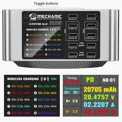 Mechanic X-Power Series Multiport Digital Display USB Charger Station with Wireless Charging, Total Power:300W(US Plug) - Dock Charger by MECHANIC | Online Shopping South Africa | PMC Jewellery | Buy Now Pay Later Mobicred