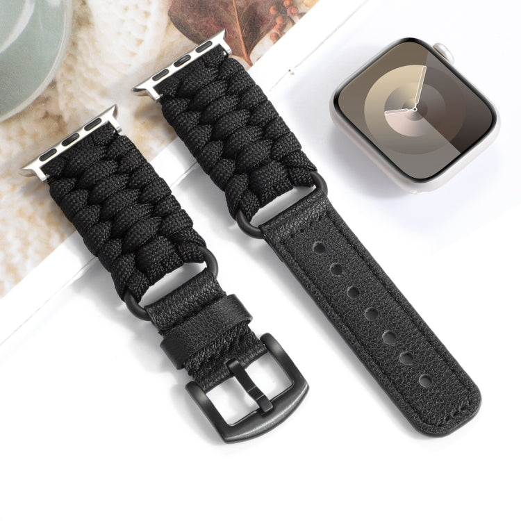 For Apple Watch Series 9 41mm Plain Paracord Genuine Leather Watch Band(Black) - Watch Bands by PMC TechLife | Online Shopping South Africa | PMC TechLife