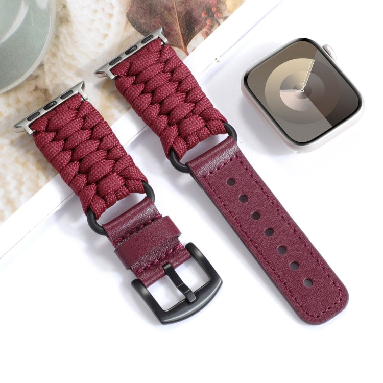 For Apple Watch Series 5 40mm Plain Paracord Genuine Leather Watch Band(Wine Red) - Watch Bands by PMC TechLife | Online Shopping South Africa | PMC TechLife