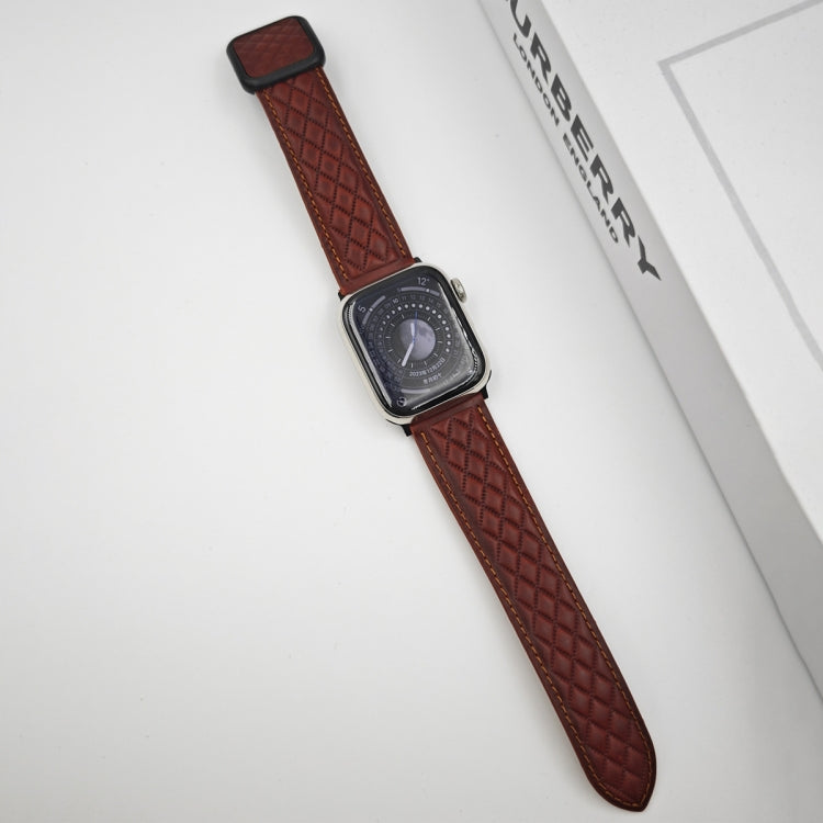 For Apple Watch Series 2 42mm Rhombus Pattern Magnetic Square Buckle Leather Watch Band(Red) - Watch Bands by PMC TechLife | Online Shopping South Africa | PMC TechLife | Buy Now Pay Later Mobicred