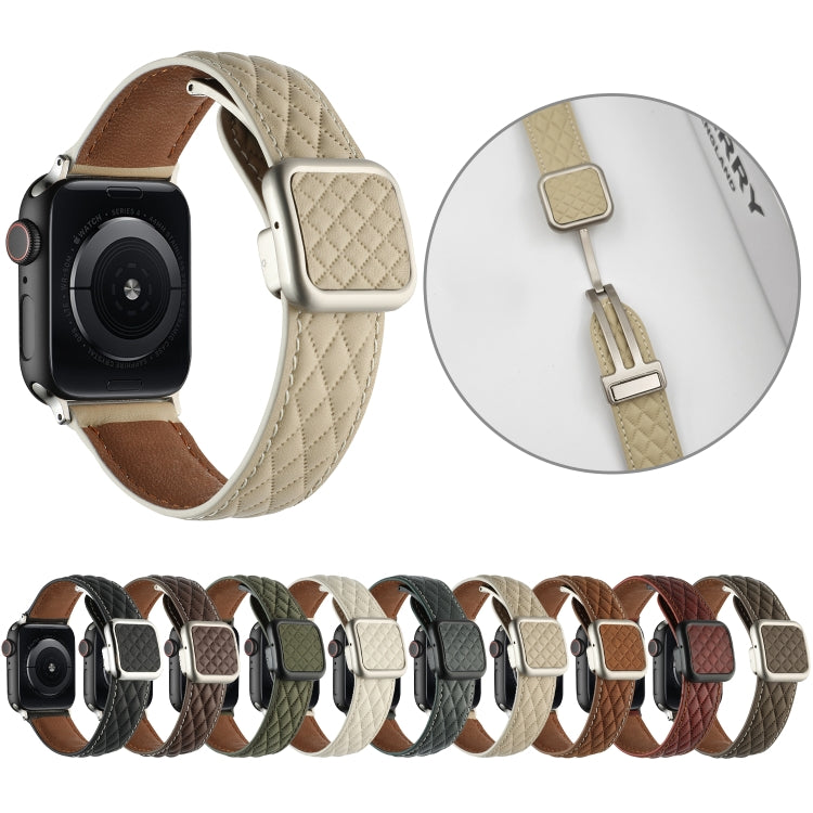 For Apple Watch Series 7 41mm Rhombus Pattern Magnetic Square Buckle Leather Watch Band(Red) - free shipping - PMC TechLife - Order now!