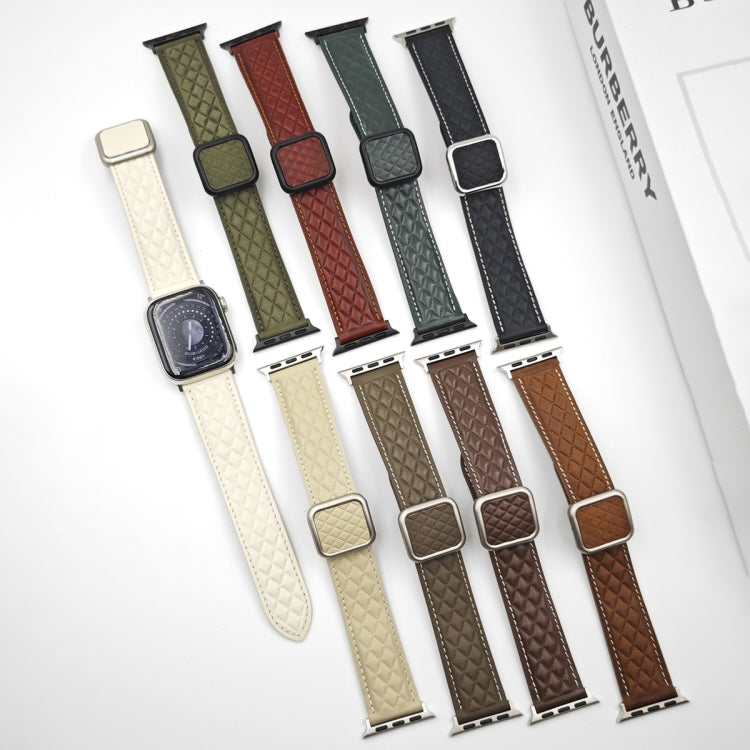 For Apple Watch Series 2 38mm Rhombus Pattern Magnetic Square Buckle Leather Watch Band(Red) - Watch Bands by PMC TechLife | Online Shopping South Africa | PMC TechLife | Buy Now Pay Later Mobicred