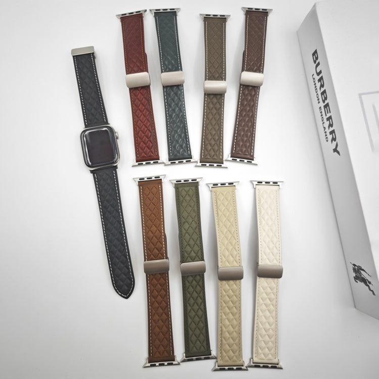 For Apple Watch 42mm Rhombus Pattern Magnetic Folding Buckle Leather Watch Band(Red) - Watch Bands by PMC TechLife | Online Shopping South Africa | PMC TechLife | Buy Now Pay Later Mobicred