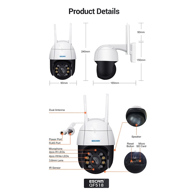 ESCAM QF518 5MP Smart WiFi IP Camera, Support AI Humanoid Detection / Auto Tracking / Dual Light Night Vision / Cloud Storage / Two Way Audio / TF Card, Plug:EU Plug(White) - Dome Camera by ESCAM | Online Shopping South Africa | PMC Jewellery | Buy Now Pay Later Mobicred