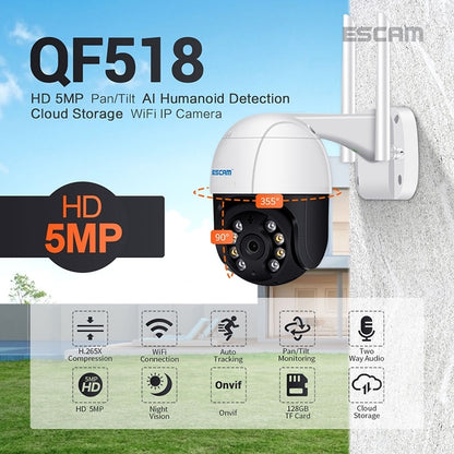 ESCAM QF518 5MP Smart WiFi IP Camera, Support AI Humanoid Detection / Auto Tracking / Dual Light Night Vision / Cloud Storage / Two Way Audio / TF Card, Plug:US Plug(White) - Dome Camera by ESCAM | Online Shopping South Africa | PMC Jewellery | Buy Now Pay Later Mobicred