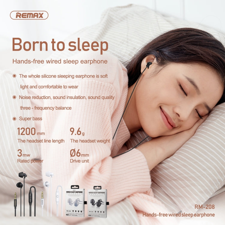 REMAX RM-208 In-Ear Stereo Sleep Earphone with Wire Control + MIC, Support Hands-free(White) - Normal Style Earphone by REMAX | Online Shopping South Africa | PMC Jewellery