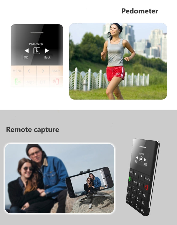 AEKU Qmart Q5 Card Mobile Phone, Network: 2G, 5.5mm Ultra Thin Pocket Mini Slim Card Phone, 0.96 inch, QWERTY Keyboard, BT, Pedometer, Remote Notifier, MP3 Music, Remote Capture(Black) - AEKU by AEKU | Online Shopping South Africa | PMC Jewellery