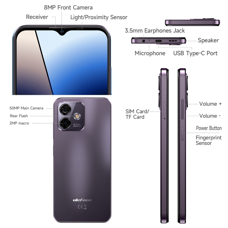 [HK Warehouse] Ulefone Note 16 Pro, 8GB+256GB, Dual Back Cameras, Face ID & Side Fingerprint Identification, 4400mAh Battery, 6.52 inch Android 13 Unisoc T606 Octa Core up to 1.6GHz, Network: 4G, Dual SIM, OTG (Purple) - Ulefone by Ulefone | Online Shopping South Africa | PMC Jewellery