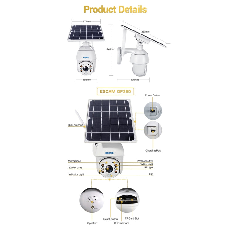 ESCAM QF280 HD 1080P IP66 Waterproof WiFi Solar Panel PT IP Camera without Battery, Support Night Vision / Motion Detection / TF Card / Two Way Audio (White) - Dome Camera by ESCAM | Online Shopping South Africa | PMC Jewellery | Buy Now Pay Later Mobicred