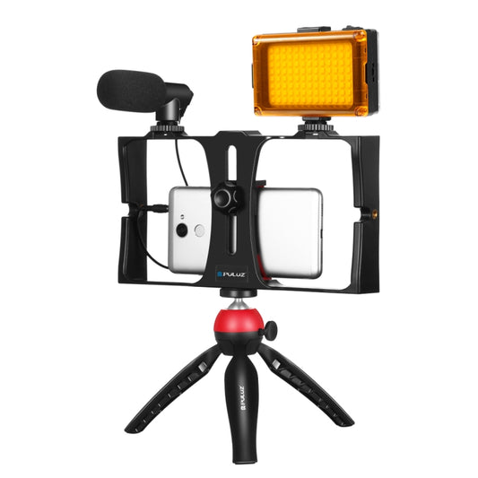 PULUZ 4 in 1 Vlogging Live Broadcast LED Selfie Light Smartphone Video Rig Kits with Microphone + Tripod Mount + Cold Shoe Tripod Head for iPhone, Galaxy, Huawei, Xiaomi, HTC, LG, Google, and Other Smartphones(Red) - Camera Cage by PULUZ | Online Shopping South Africa | PMC Jewellery | Buy Now Pay Later Mobicred