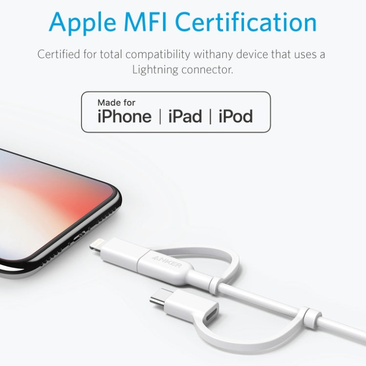 ANKER 3 in 1 8 Pin + Micro USB + USB-C / Type-C Interface MFI Certificated Data Cable(White) - free shipping - PMC TechLife - Order now!