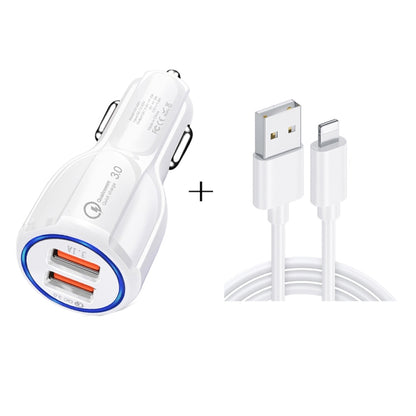 Qc3.0 Dual USB Car Charger + 8 Pin Fast Charging Line Car Charging Kit(White) - Car Charger by PMC Jewellery | Online Shopping South Africa | PMC Jewellery