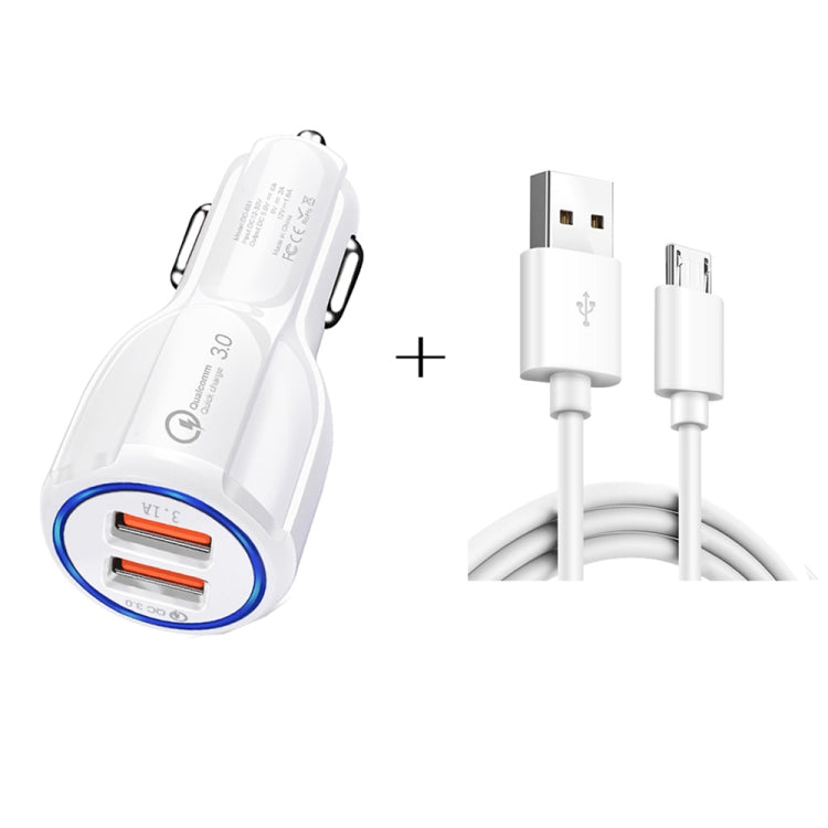 Qc3.0 Dual USB Car Charger + Micro USB Fast Charging Cable Car Charging Kit(White) - Car Charger by PMC TechLife | Online Shopping South Africa | PMC TechLife