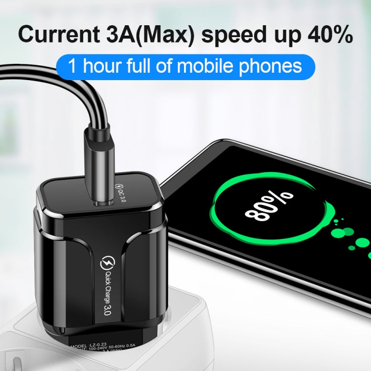 LZ-023 18W QC 3.0 USB Portable Travel Charger + 3A USB to Micro USB Data Cable, EU Plug(Black) - free shipping - PMC TechLife - Order now!
